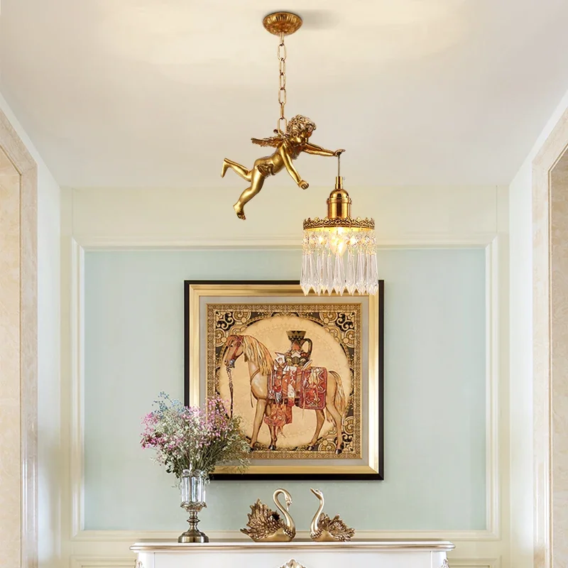 European Style Full Copper Angel Crystal   Chandelier Villa Bedroom  Corridor Lliving Dining Atmosphere Pendent Light