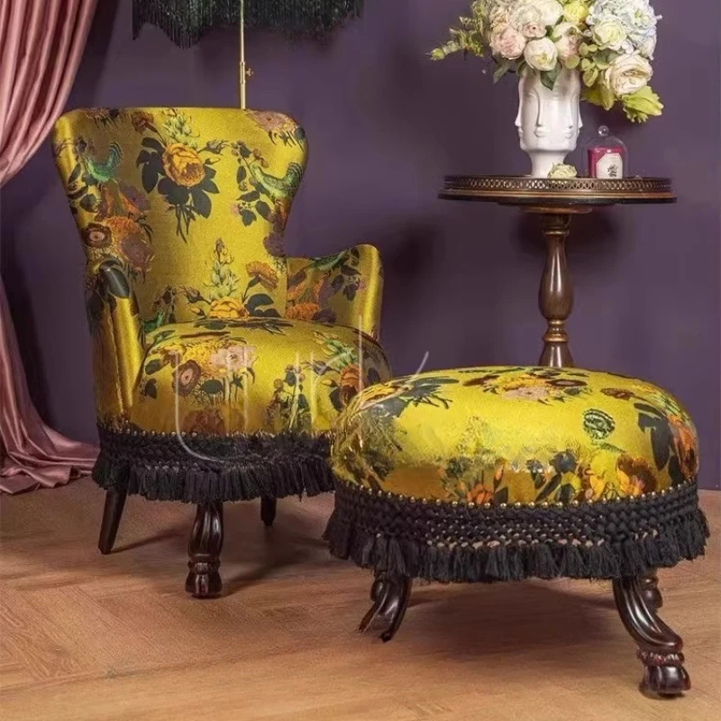 

Medieval single chair retro Chinese wind flower bird fringed single sofa chair high luxury