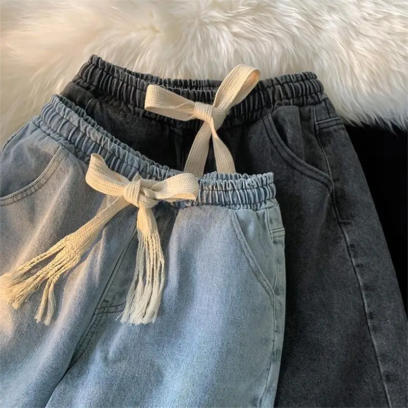 Celana Denim Tipis Musim Panas untuk Pria Jeans Kaki Lurus Pas Longgar Kasual Tali Pinggang Elastis Pakaian Kerja Trendi Panjang Or