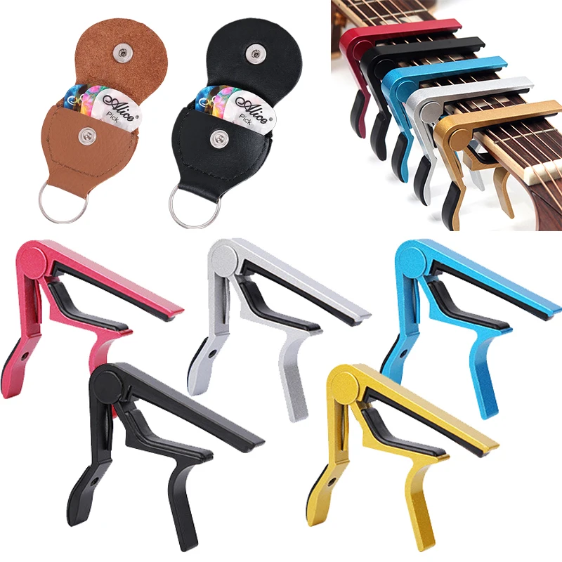 Bulk Guitar Capo & Pick Holder Kits Trigger Style Metal Capos with PU Leather Cases Picks for Music Schools Performance Gear TMZ
