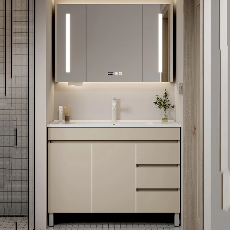 

Space Saver Luxury Bathroom Cabinet Floor Light White Mirror Makeup Bathroom Vanity Drawers Wood Meuble Salle De Bain Furniture