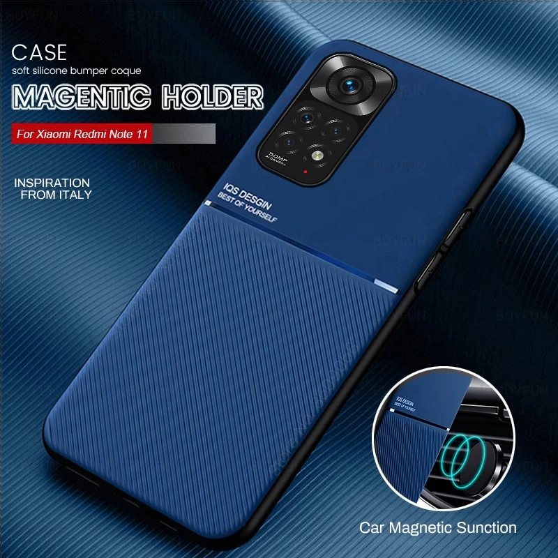 Car Magnetic Holder Cover For Redmi Note 11 Case Leather Texture Silicone Shockproof Coque On Redmy Note 11 Pro 11S Note11 Coque