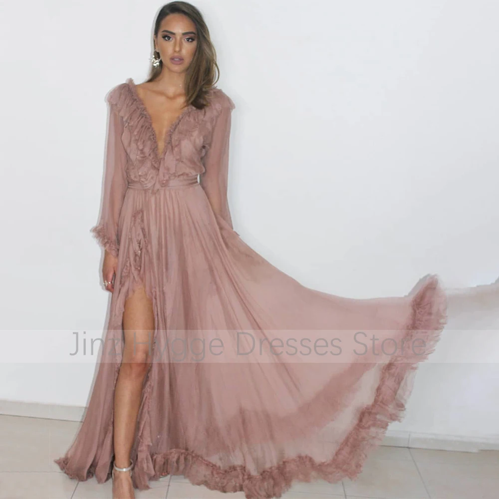 Evening Dresses 2023 Deep V Neck Ruffle Long Sleeves Sexy Prom Dress for Women Dusty Pink 30D Chiffon Thigh-High Slit Party Gown