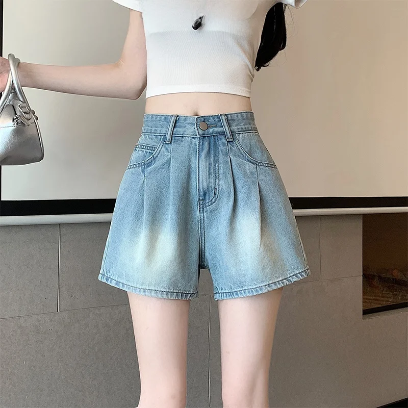 

High Waist Loose Fit A-Line ort Jeans Women's Summer Thin Cotton Flared Pants Wide Leg Hot orts Waed Light Blue Denim