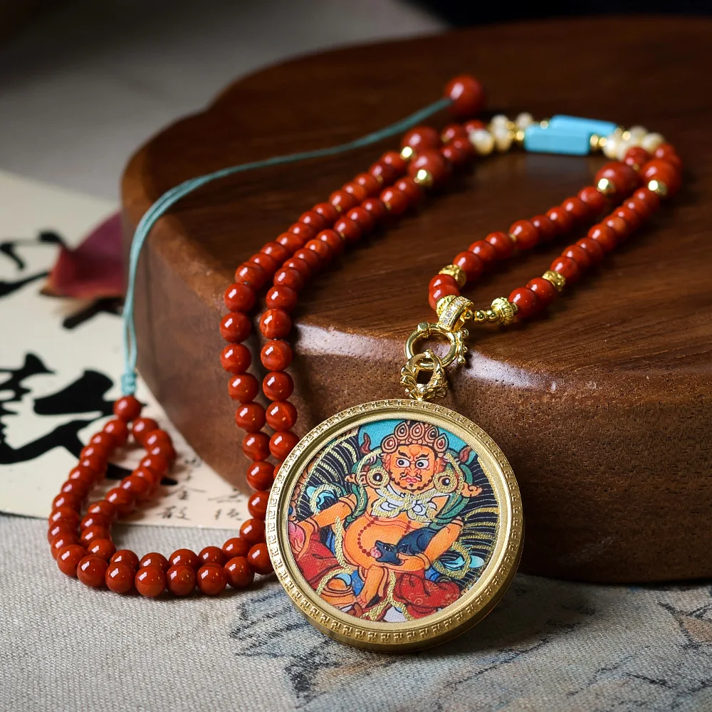 Titanium steel hand-painted gold depicted yellow God of Wealth Thangka colour-retaining plating pendant Nanhong agate necklace