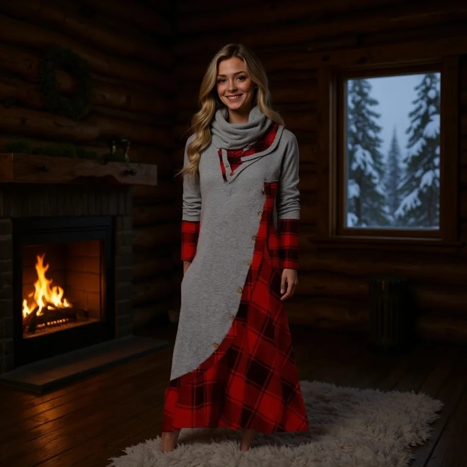 

New Autumn Winter Splicing Fashion Dress Womens Plaid With Pockets Stack Collar Long-sleeved Plaid Print Dress Frauen Bekleidung