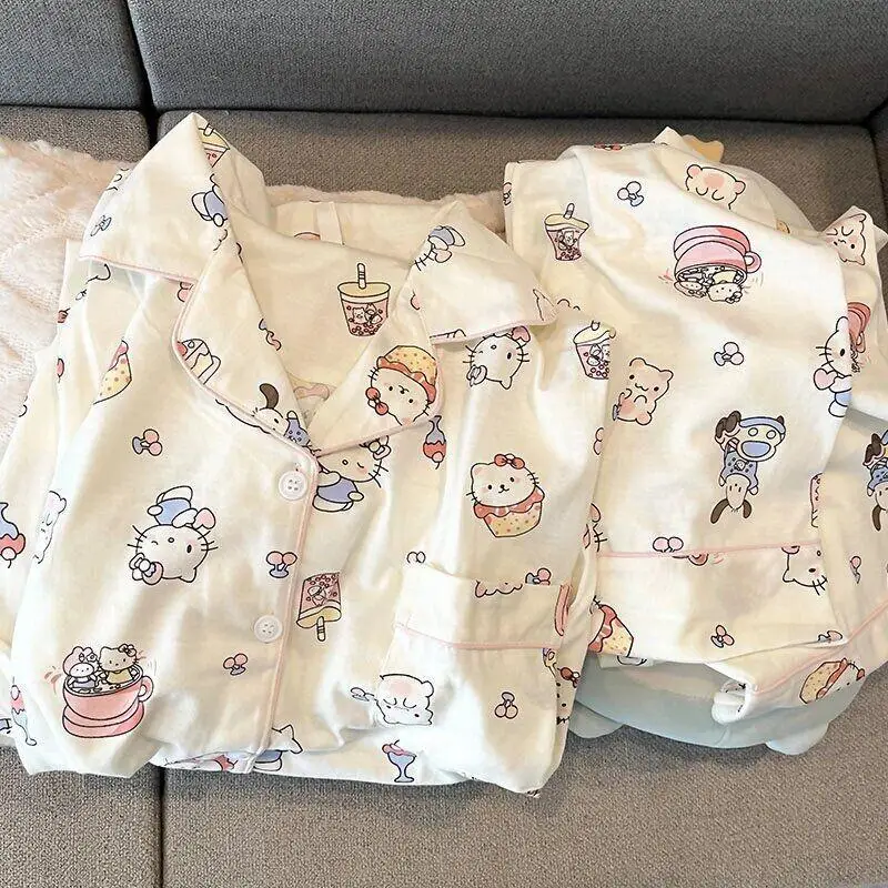 

Женский пижамный комплект Sanrio Hello Kitty, одежда для сна, хлопковая домашняя одежда, весенне-осенняя одежда с длинными рукавами и длинными брюками, милый белый цвет, новый стиль