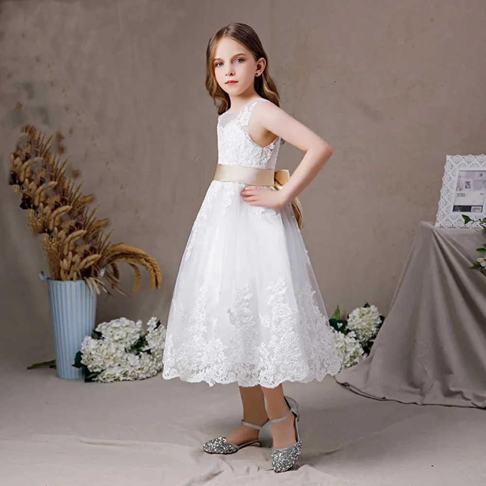 KYDYNQJ Tulle Flower Girl Dress Sleeveless Big Bow Tea-Length First Communion Lace Appliques Junior Bridesmaid Gown