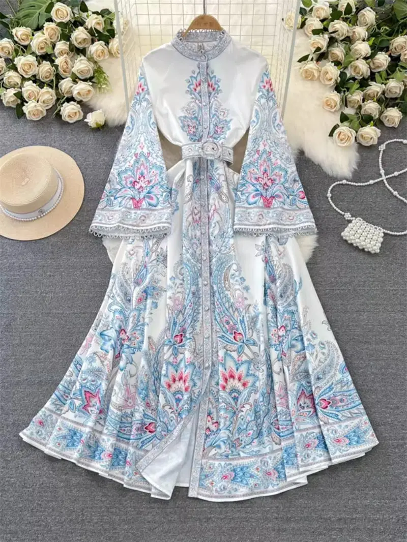 Spring Autumn Retro Palace Style Dress Women Flare Sleeve Stand Neck Waist Wrapped Slim A-Line Positioning Printed Dress z4637