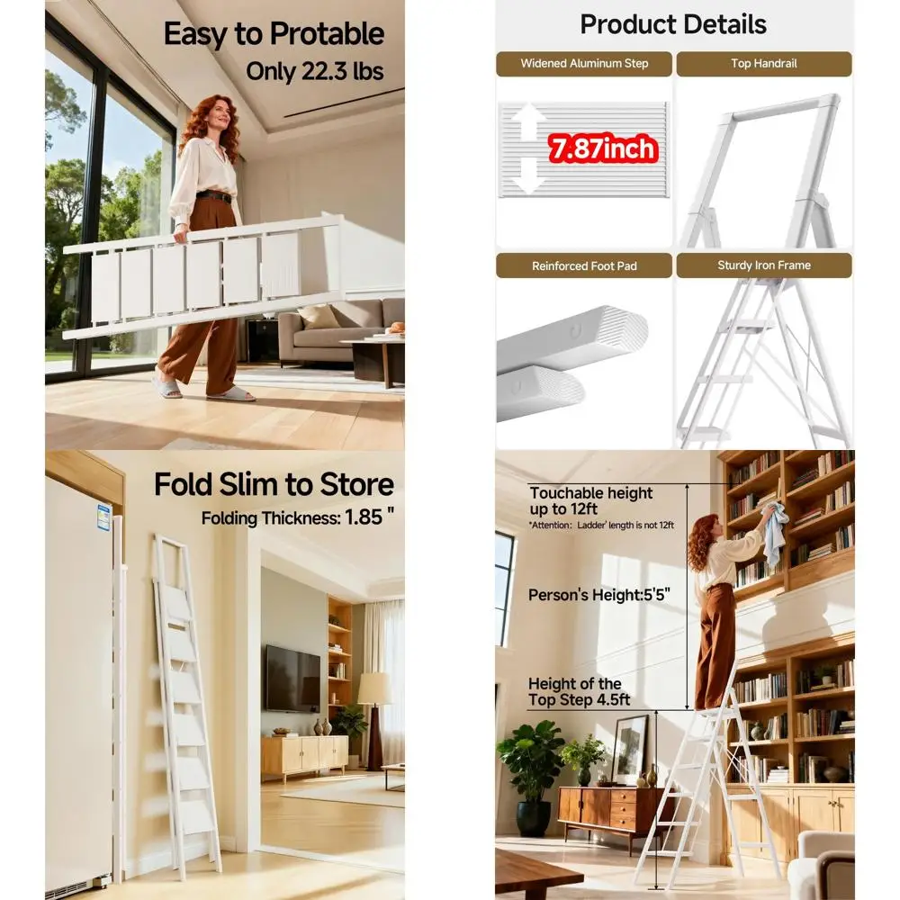 Escada dobrável antiderrapante de 6 degraus - capacidade de 300 libras para uso em cozinha, armário e biblioteca (branca)