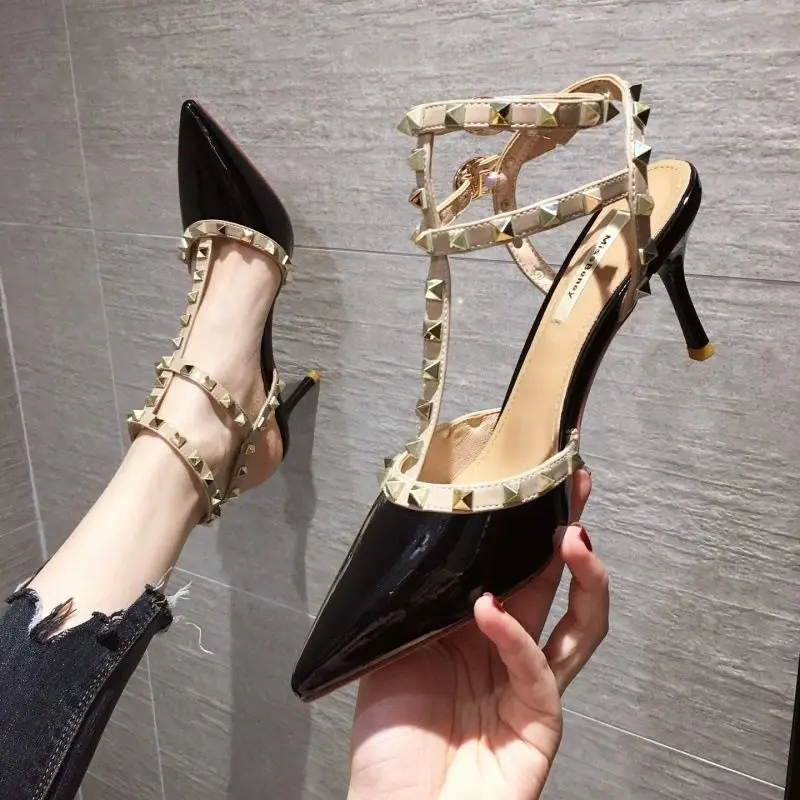 Women Light Weight White Rivet Stiletto Heels for Party Lady Night Club Black Spring & Summer Heel Pumps Zapatos De Mujer G134