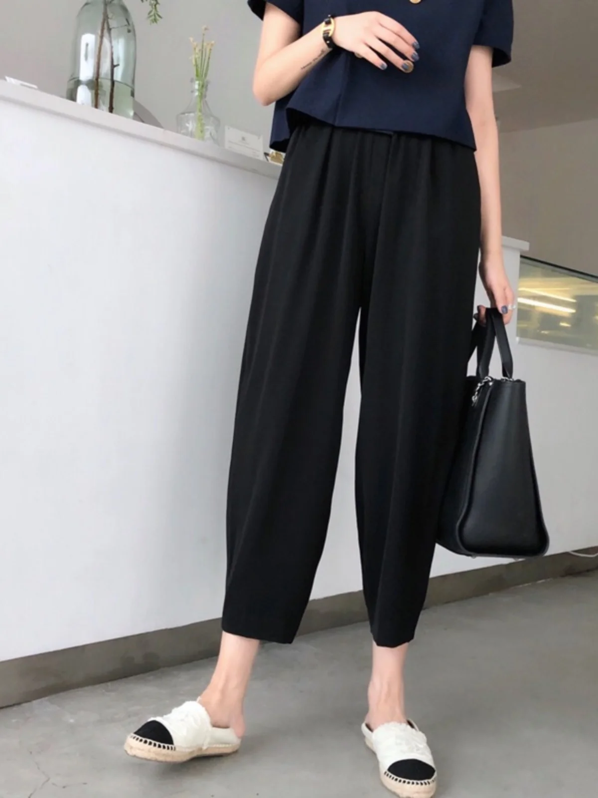 

plus Size Ice Silk Nine-Foot Pants Women's Summer Thin Casual Harlan Loose Slimming High Waist Long Pants for Heavy Girls