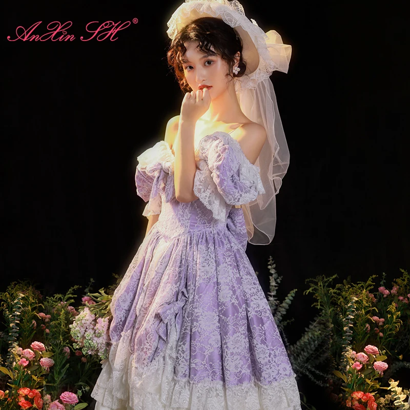 AnXin SH princess vintage violet flower lace white satin boat neck ruffles puff sleeve green bow customized wedding dress