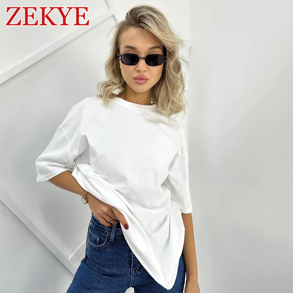 Zekye Rhinestone Letter Casual Tee Shirt Oversize Bodyfriend Style Korean O Neck Summer T Shirt Women Streetwear Harajuku Tops