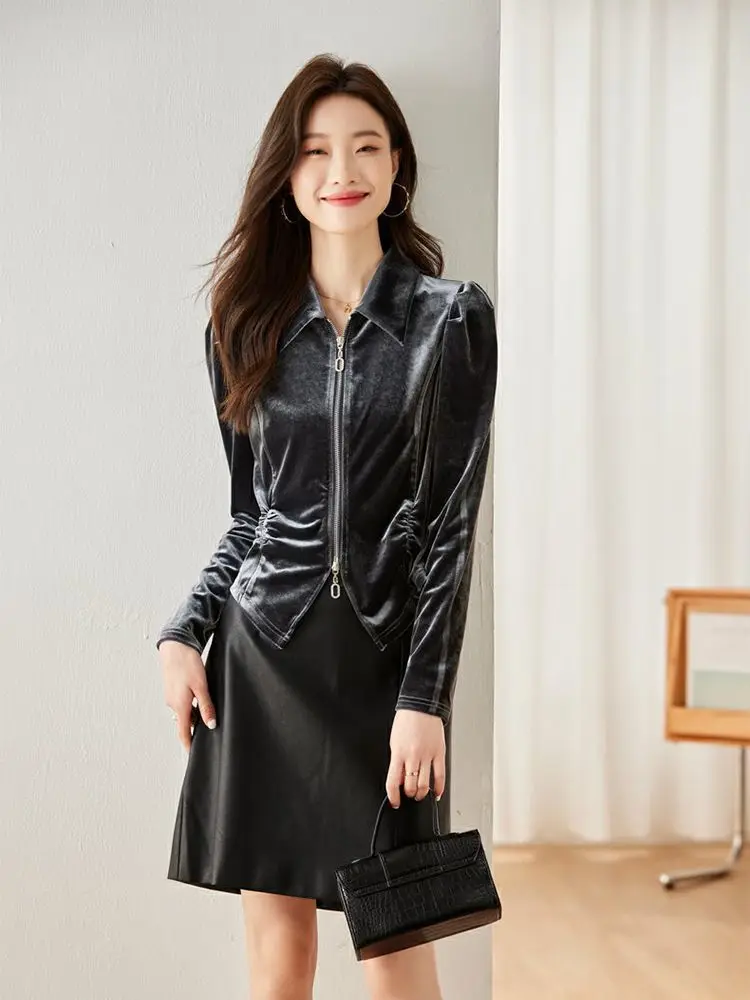 

Long Sleeve High Collar T-Shirts For Woman Casual Waist-Slit Slimming Lady Clothes Warm Elastic TT1240