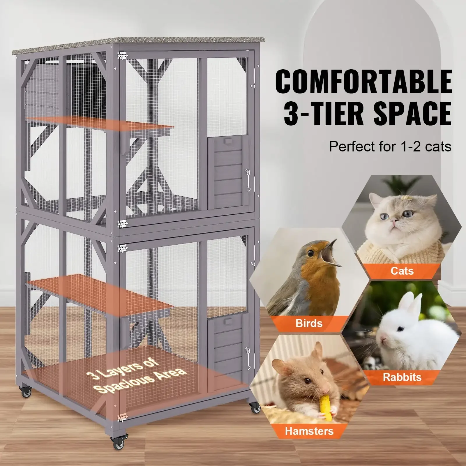 Cat House Outdoor, 3-Tier Large Catio, Cat Enclosure with 360° Rotating Casters, 2 Platforms, A Resting Box and Large Front Door