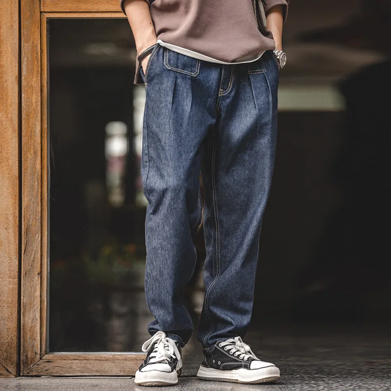 

Maden Japanese Retro Waed Denim Loose Long Tapered Jeans mid Waist Men's Casual Straight Leg Multi ket Workwear