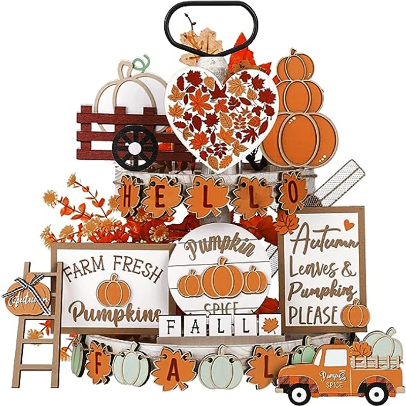 Fall Tiered Tray Decor Set Thanksgiving Pumpkin Maple Leaf Truck Rustic Farmhouse Wooden Set For Home Christmas Decorations