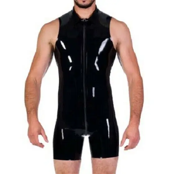 Latex Gummi Catsuit Zentai Schwarz body armellos Sexy Badeanzug 0,4mm S-XXL