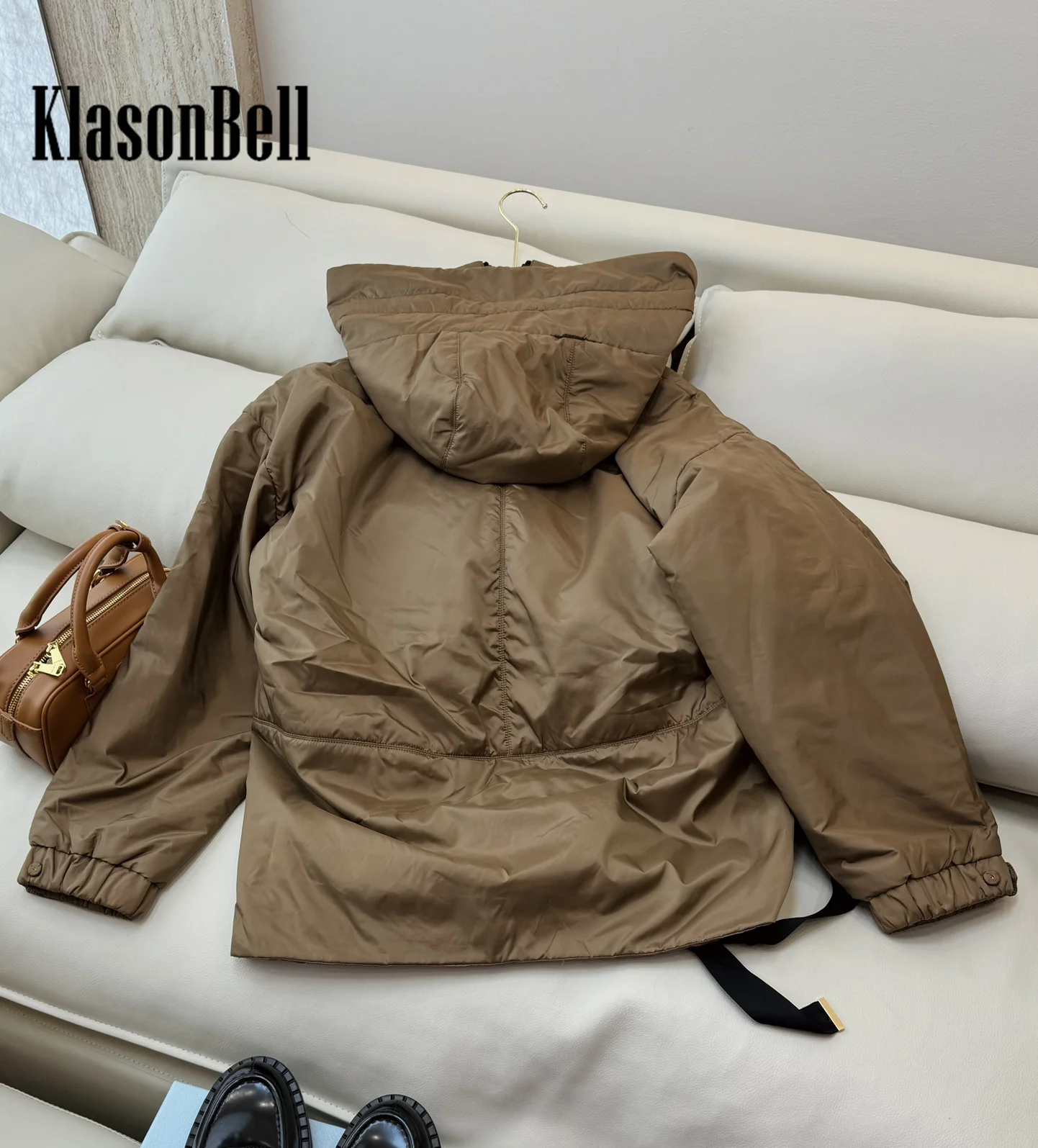 8.28 KlasonBell-Women Camel Hair Parkas Hooded Lace-up Long Sleeve Loose Double Zipper Keep Warm Mid-Length Outerwear