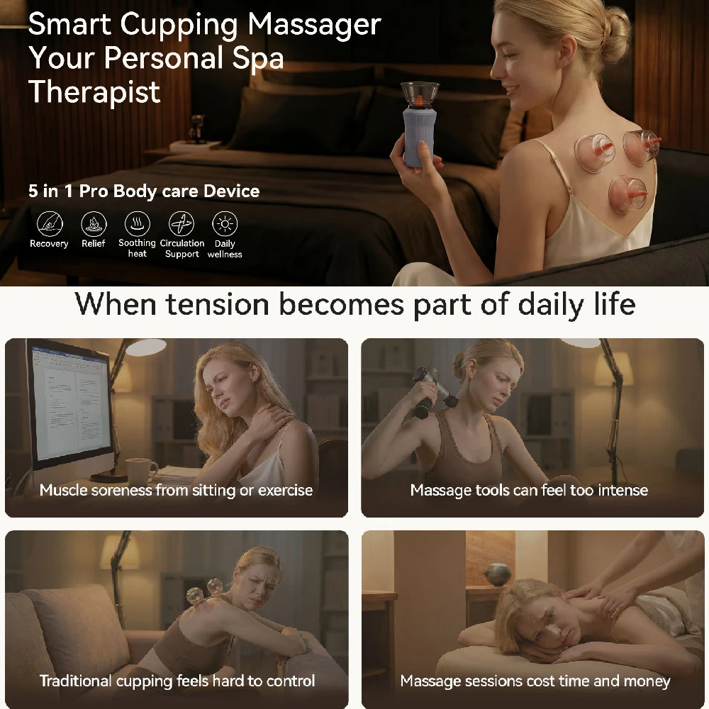 ZDEER Lymphatic Drainage Massager,Electric Cupping Therapy Set & Hot Stone Gua Sha,6 Levels Suction&Heat,4 Cups,2 Essential Oils