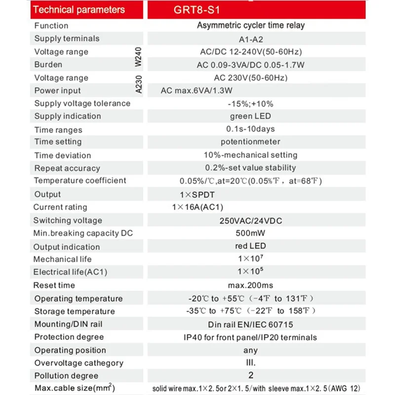 ABNP GRT8-S Relè timer ciclo asimmetrico SPDT 16A Relè di ripetizione elettronico, GRT8-S1 ACDC12V-240V