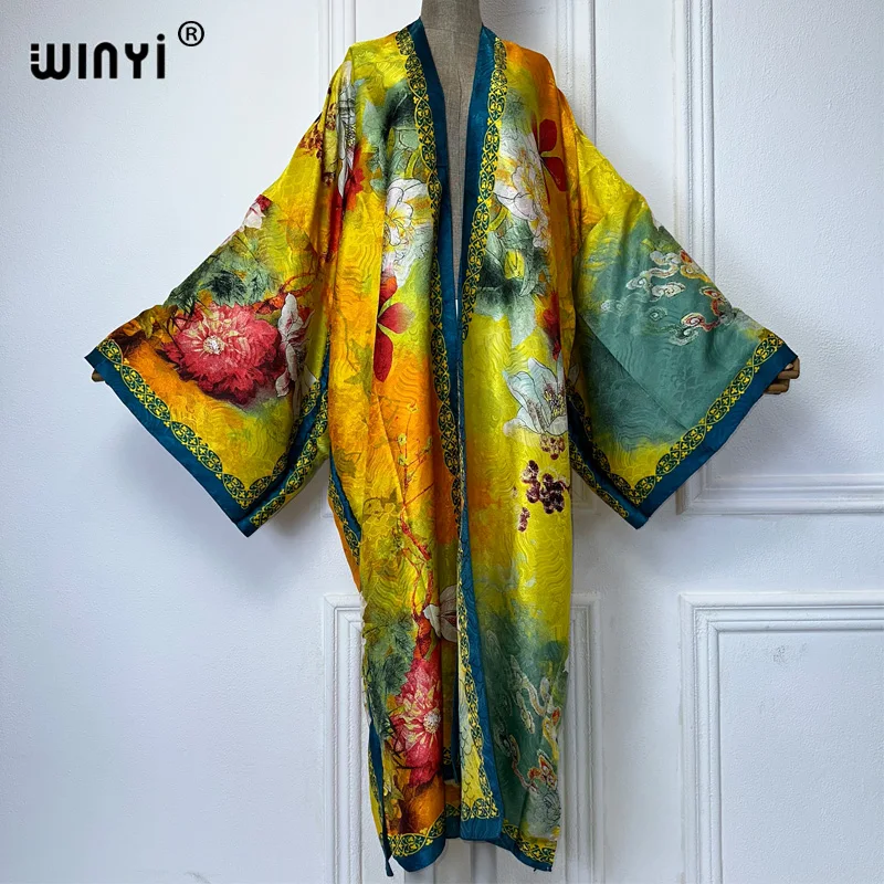 

WINYI beach cover up print kimono Silk feel Dress Beach Wear Boho Cardigan abaya women muslim dress africa Long Sleeve coat