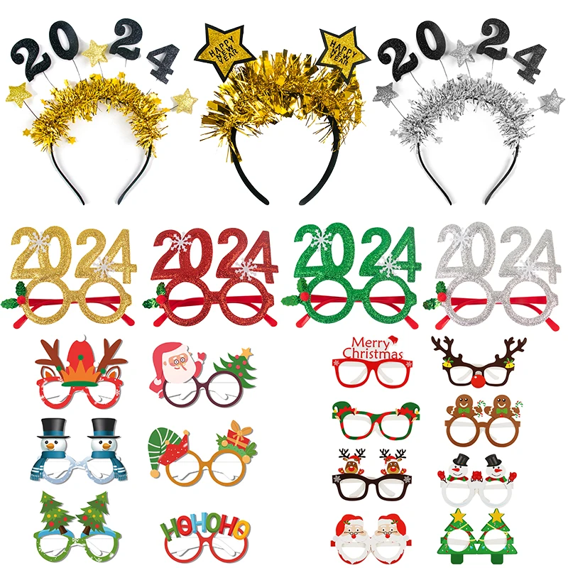 New Year 2024 Photo Glasses Headband Gold Silver Red Christmas Paper Glasses Head Hoop for Happy New Year Party Gifts Xmas Noel