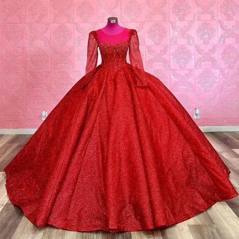 

Red Quinceanera Dresses 2024 Lace Up Beads Sequined Long Sleeved Ball Gown Gillter Birthday Party Dress Vestidos De 15 Años