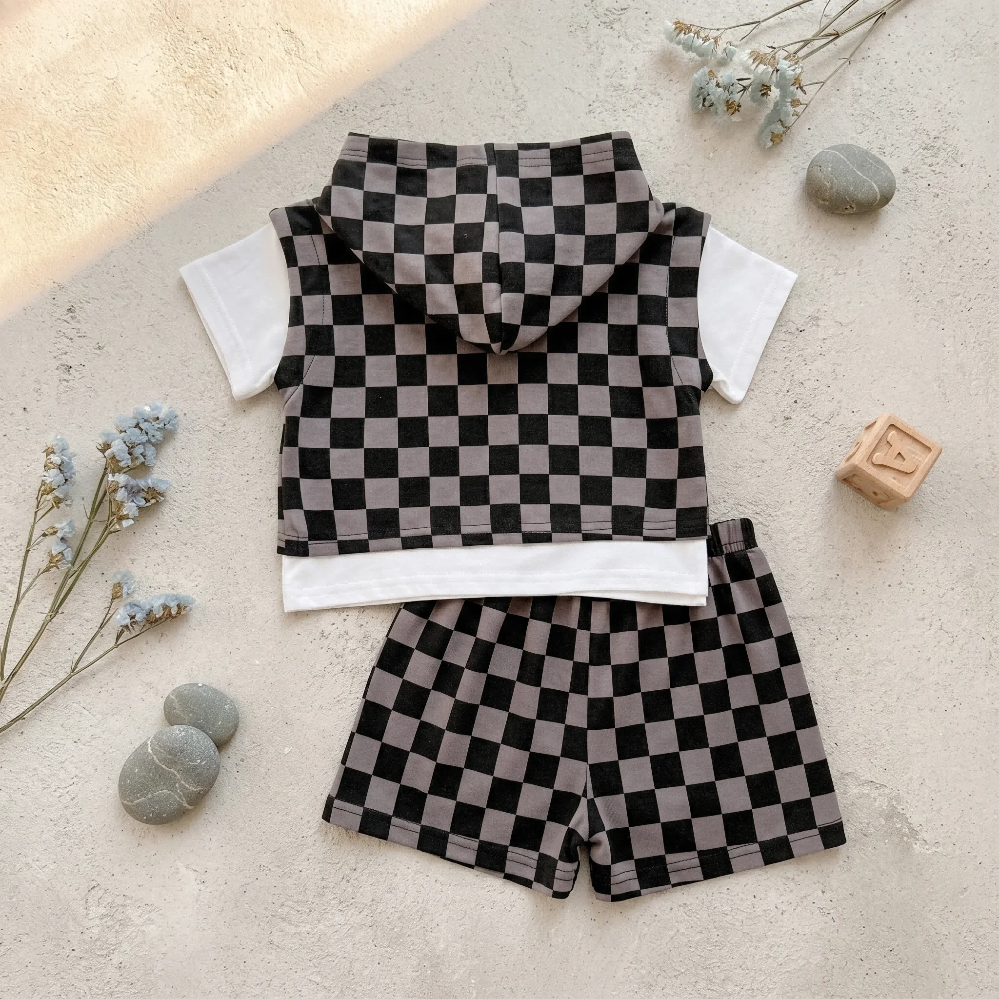 Summer Boy Girl Checkerboard Smiley Outfit Hooded Fake Two-Piece Top + Elastic Waist Shorts Retro Streetwear Kids Clothes 0-3Y