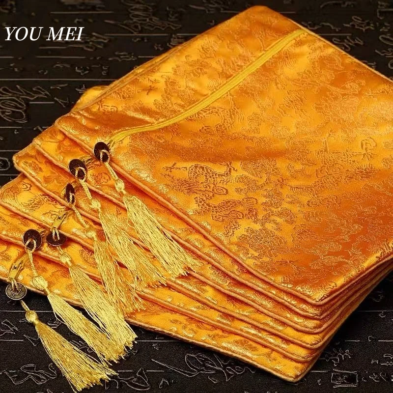 

Tibetan-Style Embroidered Floral Texture Sutra Storage Zipper Bag,Ritual Tool Bag,Yellow Sutra Organizer Buddhist Religious Item