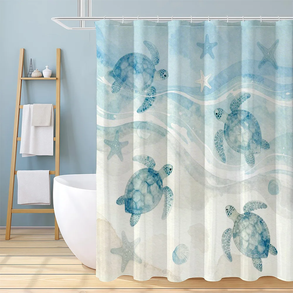 1 Sea - Turtle and Star - Fish Pattern Printed Shower Curtain, Watercolor - Style Home Decor Bathroom Curtain, with 12 Hooks, Su