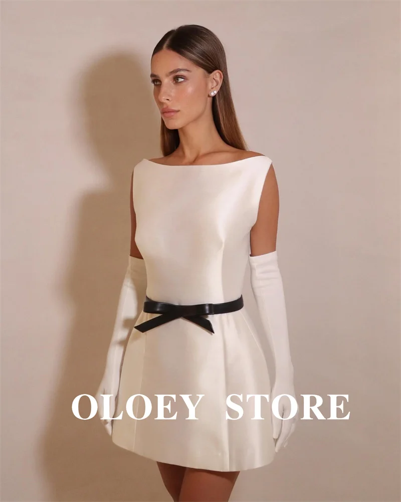 OLOEY-Mini robe de soirée de mariage courte pour femmes, simple, blanc, col rond, optique, satin, mariée sur la plage, quelle que soit la fête, robe de cocktail personnalisée