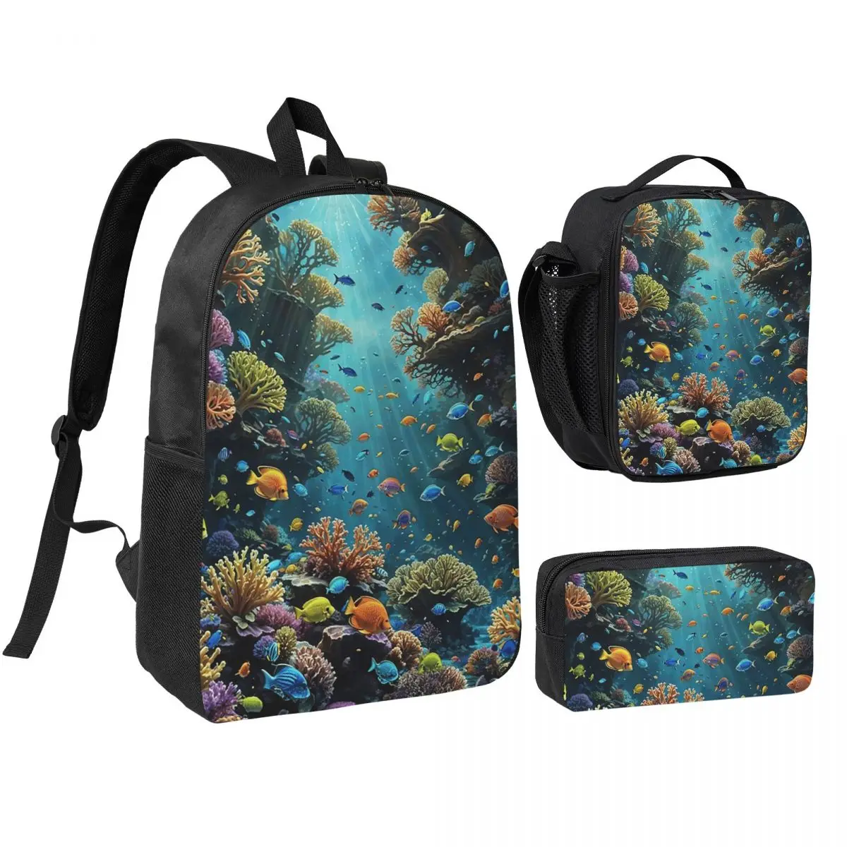 

Underwater Coral Reef Fish Backpack Boys Girls BookBag School Bag Laptop Shoulder Bags 3ps Insulated Lunch Bag Pencil Case
