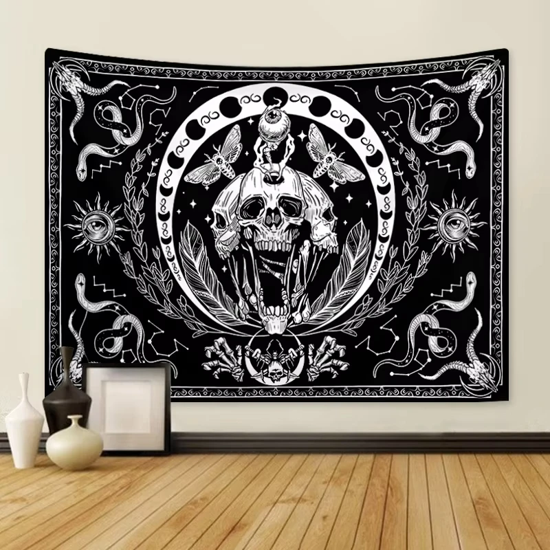 VIKAMA Dark Queen Wandteppich – Skelettsterne – mystisches Totem – Gothic-Stil – Hintergrundwanddekoration für Wohnzimmer und Schlafzimmer