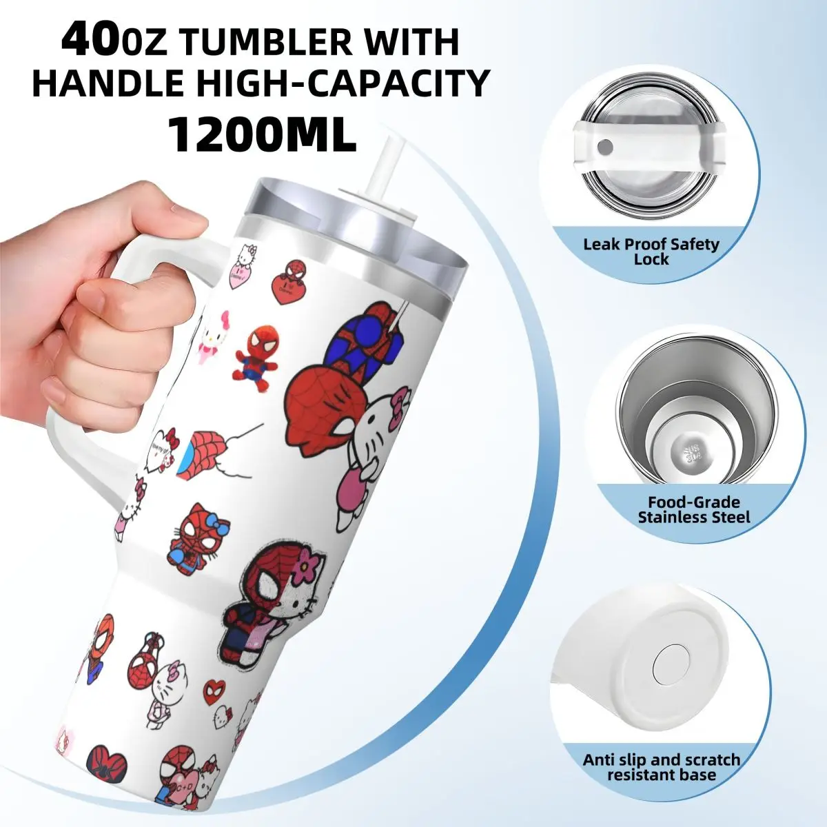 Spider-Man Stainless Steel Tumbler Japanese Sanrio Hello Kitty Coffee Mug With Straws and Lid Mugs Cup Cold and Hot Water Bottle