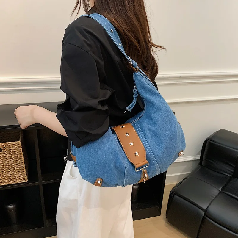 Bolsos de hombro vintage con remaches para mujer, bolsos de gran capacidad estilo cowboy, bolsos de mano tipo hobo, bolsos cruzados de mezclilla, bolsos grandes, bolsas azules