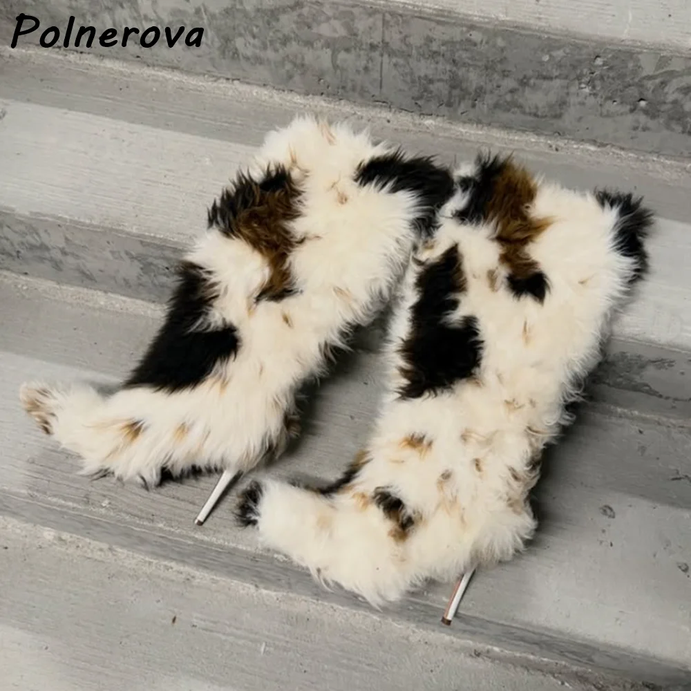 

Furry White Brown Knee High Boots Pointy Toe Thin Heels Soft Warm Patchwork Elegant Shoes Women's Winter Fashion Elegant Boots