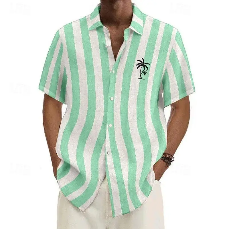 2025 Hawaiian Shirt Men's Summer New Coconut Tree Striped Short Sleeve Shirt Tops Casual Popsicle Shirt Button polyester Clothes