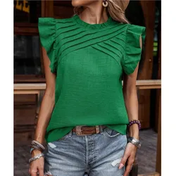 Solid Color Top Short Sleeved T-shirt Women's Summer New Item Pleated Shoulder With Lotus Leaf Sleeves Loose Versatile T-shirt