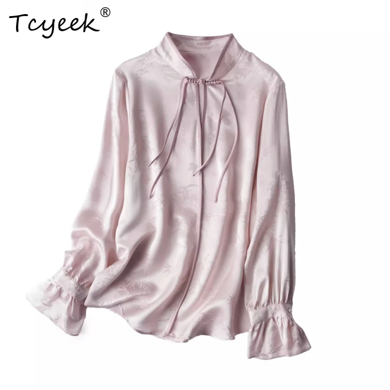 

Tcyeek 100% Mulberry Silk Spring Summer New Chinese Style Stand Up Collar Long Sleeved Straight Tube Women's Shirts חולצותנשים
