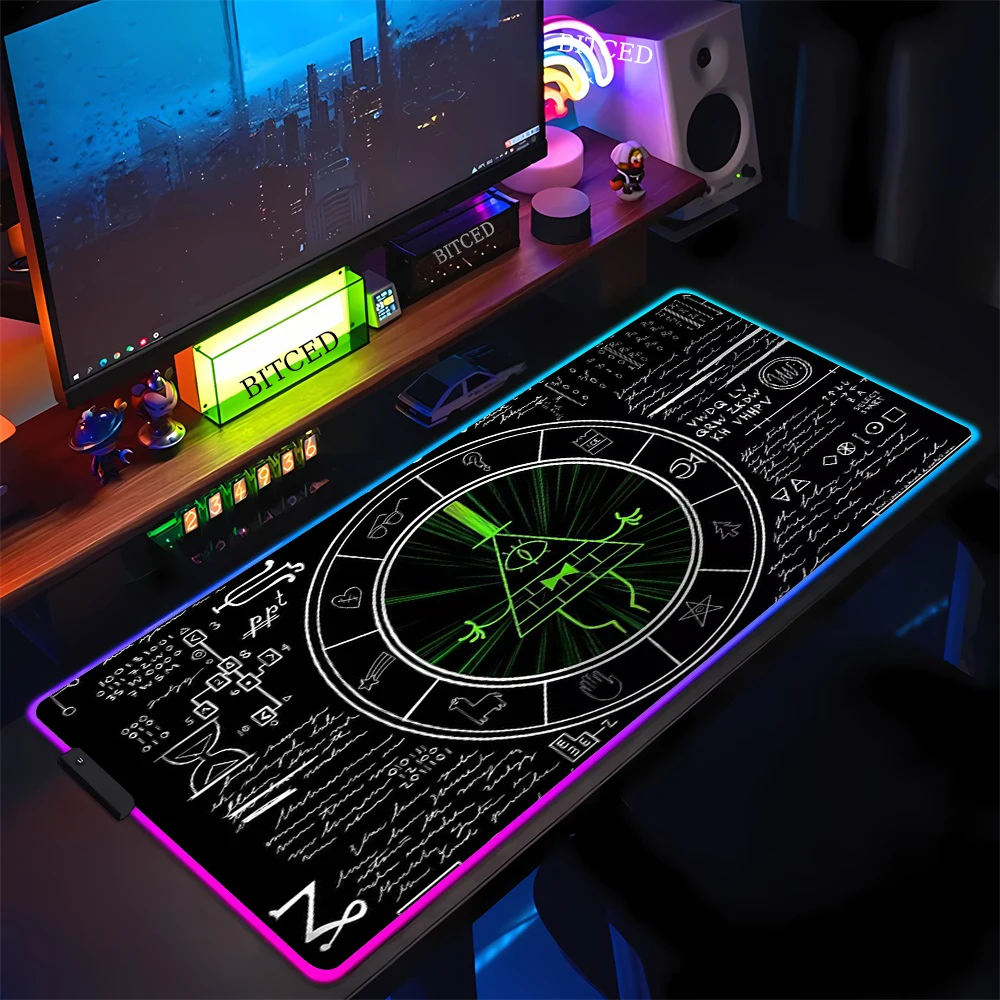 Gravity Fall Cartoon Bill Cipher RGB Pc Gamer Keyboard Mouse Pad Large LED Glowing Deskmat Natural Rubber Game Computer Mausepad