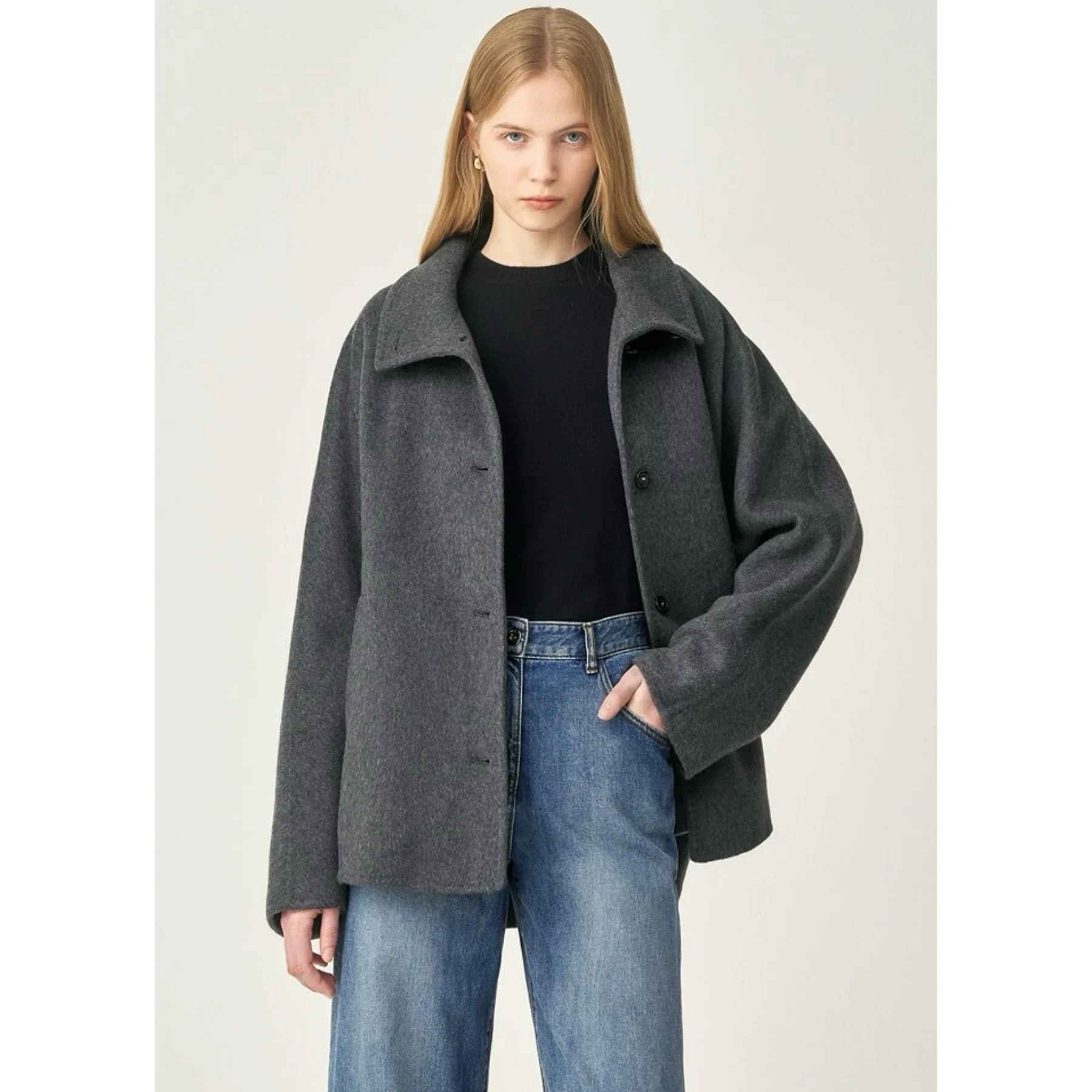 

Lemon Cheese Autumn ort A-Line Woolen Coat Faionable Turn-down Collar Ele Versatile Commute Loose Fit Long Sve