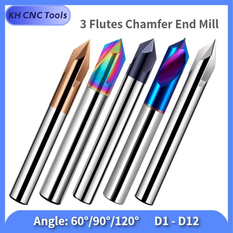 

KH CNC HRC55 Carbide Tungsten Steel Chamfer End Mills CNC Carving Bits 3 Flute TiSiN Coating V Groove for steel for aluminum