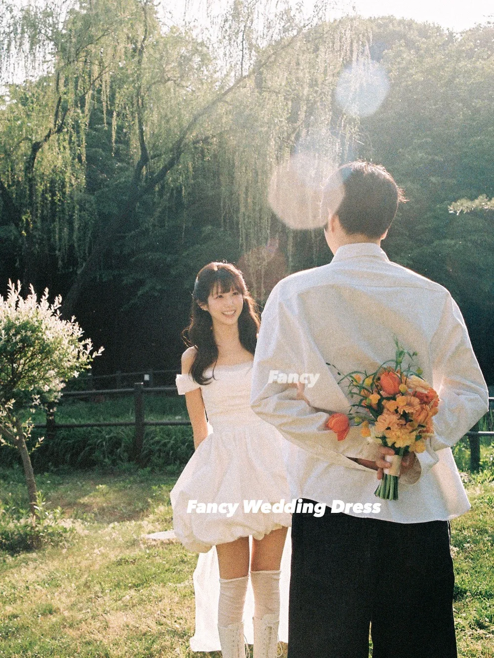 Fancy Princess Off Shoulder Korea Wedding Dress Photoshoot A Line With Tail Bridal Gown Mini Short Back Corset Customized