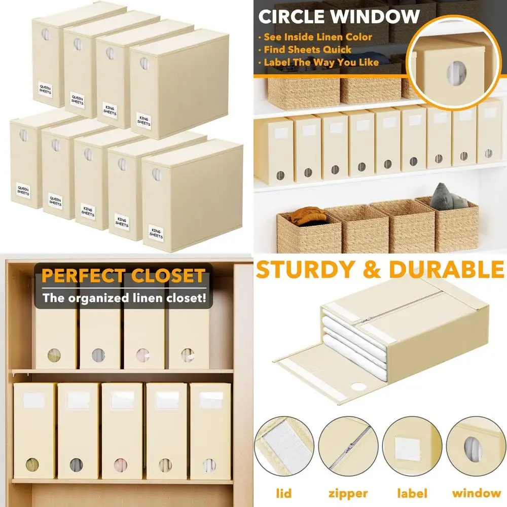 

Folding Bed Sheet Organizer with Window for Linen Storage, Suitable for Queen and King Size Bedding (Beige)