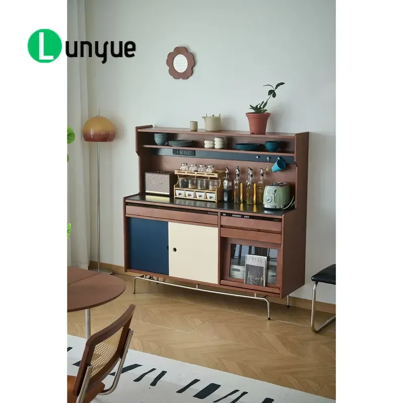 Antique Solid Wood Dining Cabinet with Modern Rock Panel Integrated Wall Console Traditional Design Storage Function for