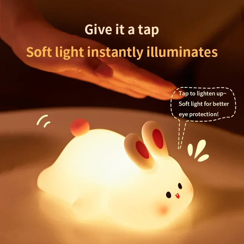 Cute Rabbit Night Lights for Children, Silicone Timing recarregável, lâmpada de dormir, presente de aniversário, luz para cabeceira, decoração do