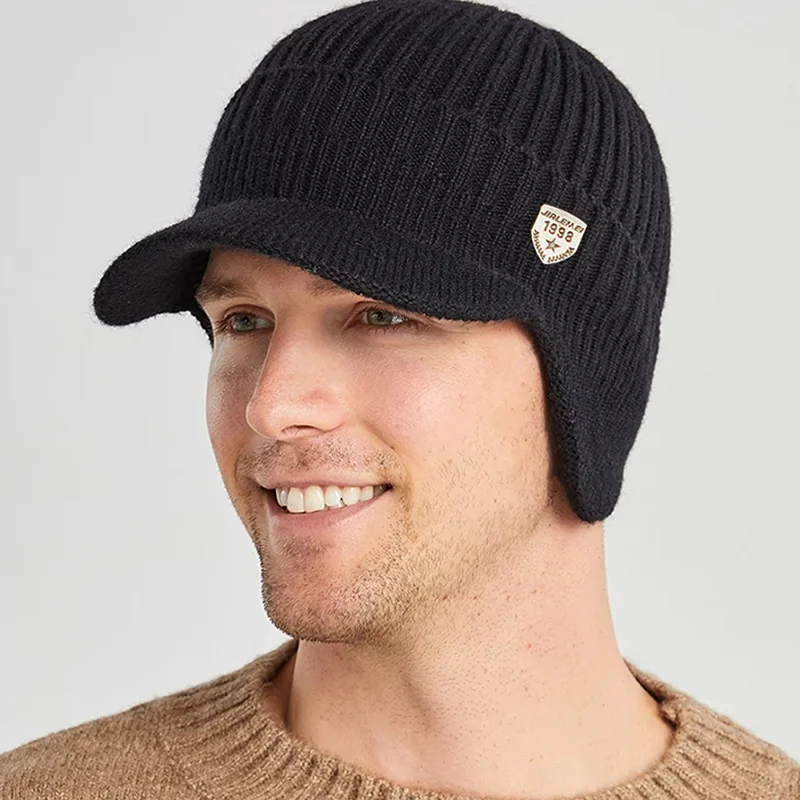 Gorro tejido de invierno para hombre, protección para los oídos para ciclismo al aire libre, gorra con visera cálida, sombrero para el sol informal a la moda, sombreros de aviador de 56-61CM