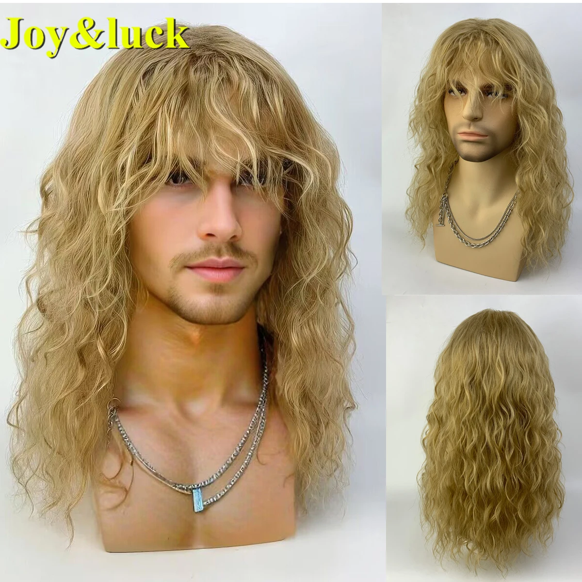 

Synthetic Cospaly White Men's Wig With Bangs Natural Curls High Quality Party Rock Man's Hair Wig